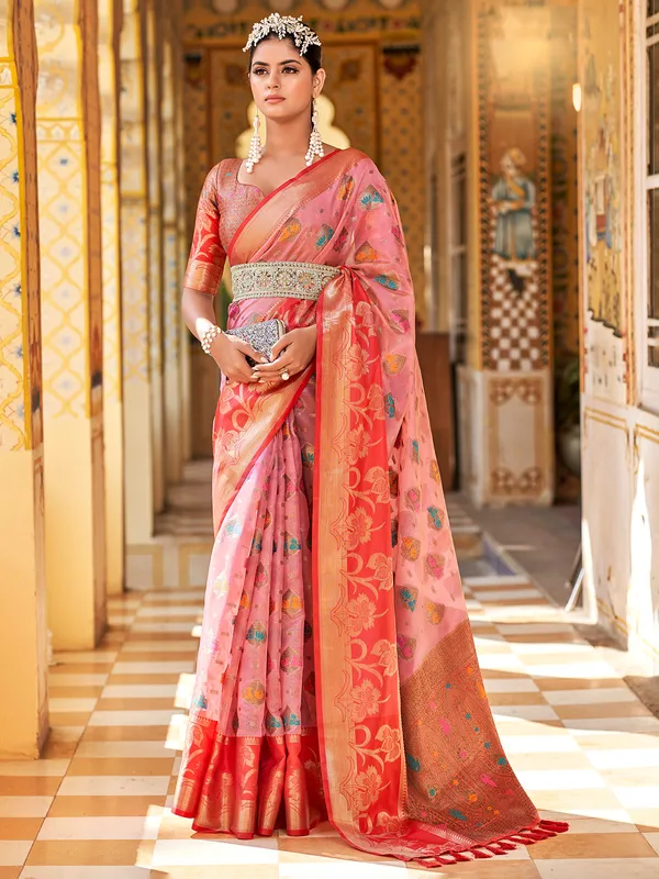 Zari weaving pink silk saree