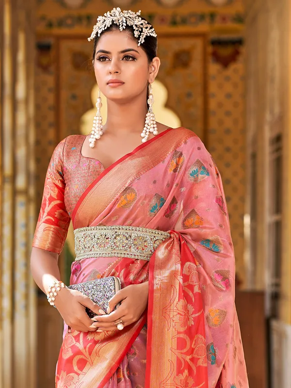Zari weaving pink silk saree