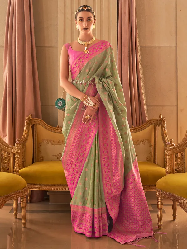 Zari weaving silk saree in green