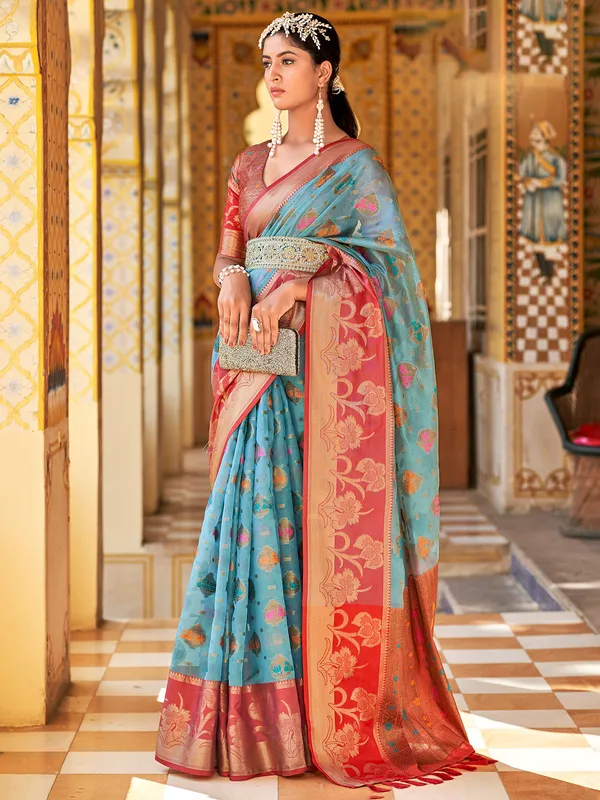 Zari weaving sky blue silk saree