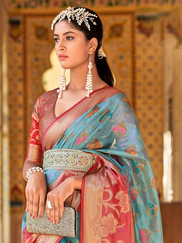 Zari weaving sky blue silk saree