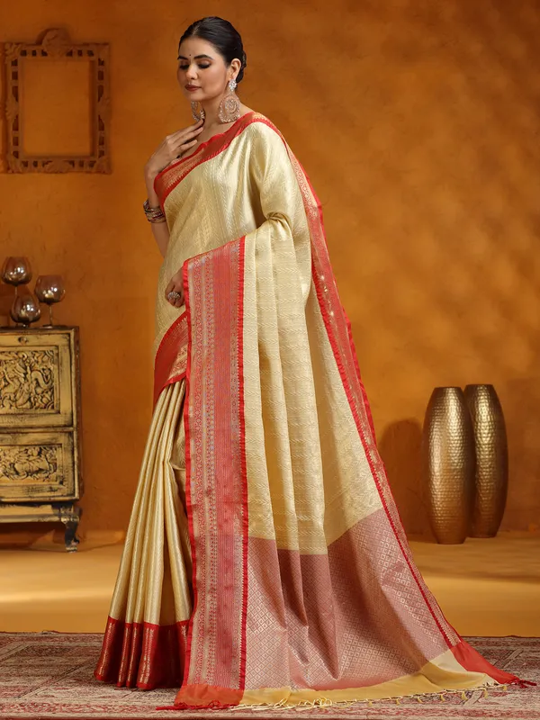 Zari worked beige silk saree