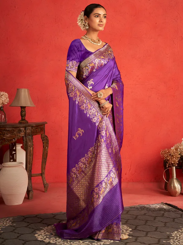 Zari worked purple pure banarasi upada silk saree