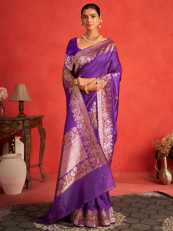 Zari worked purple pure banarasi upada silk saree