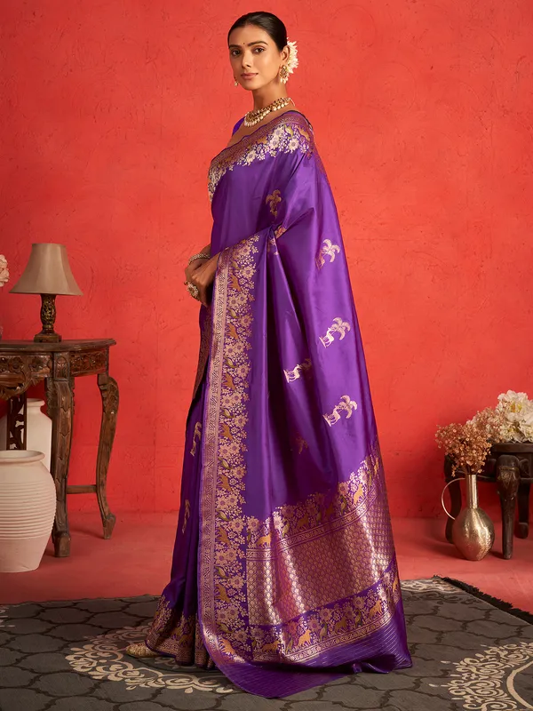 Zari worked purple pure banarasi upada silk saree