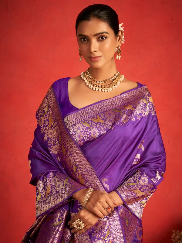 Zari worked purple pure banarasi upada silk saree