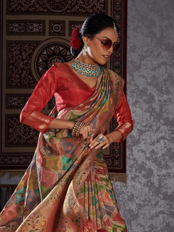 Zari woven minakari orange silk saree