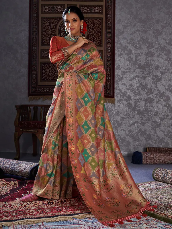 Zari woven minakari orange silk saree