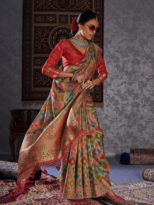 Zari woven minakari orange silk saree
