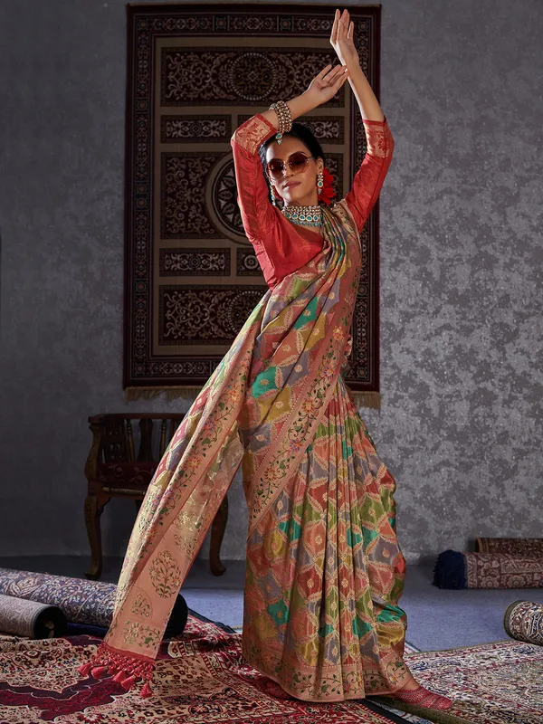 Zari woven minakari orange silk saree