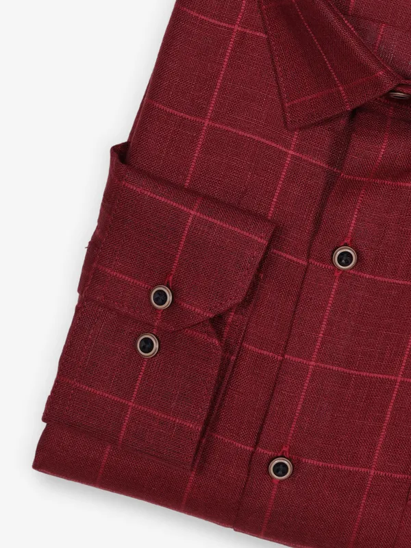 ZILLIAN maroon linen formal shirt with checks