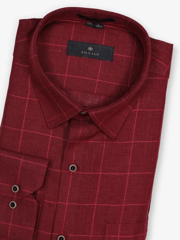ZILLIAN maroon linen formal shirt with checks