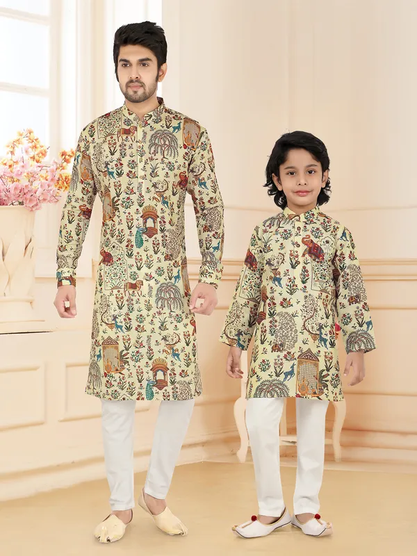 Cream cotton kurta pajam with print for men