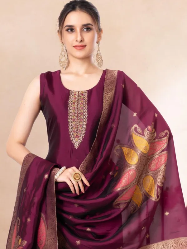 Wine silk salwar suit with dupatta for women