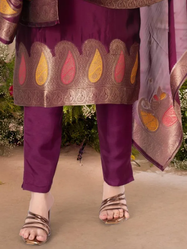 Wine silk salwar suit with dupatta for women