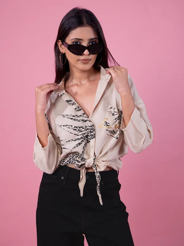 DEAL beige silk printed crop shirt