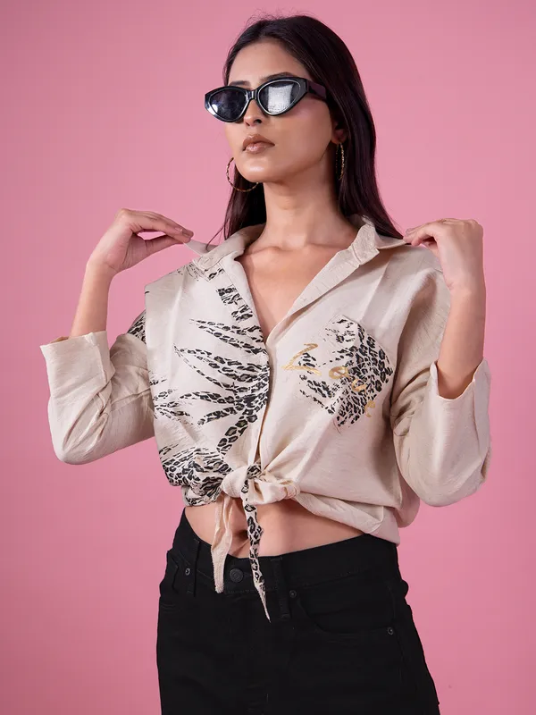 DEAL beige silk printed crop shirt