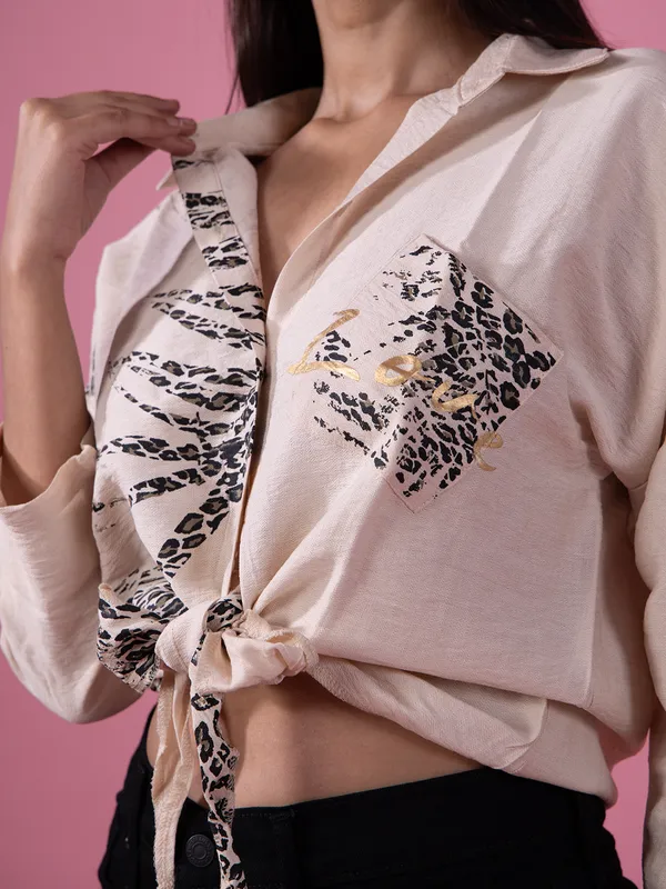 DEAL beige silk printed crop shirt