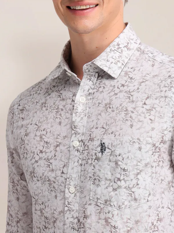 US POLO floral printed white pure cotton shirt