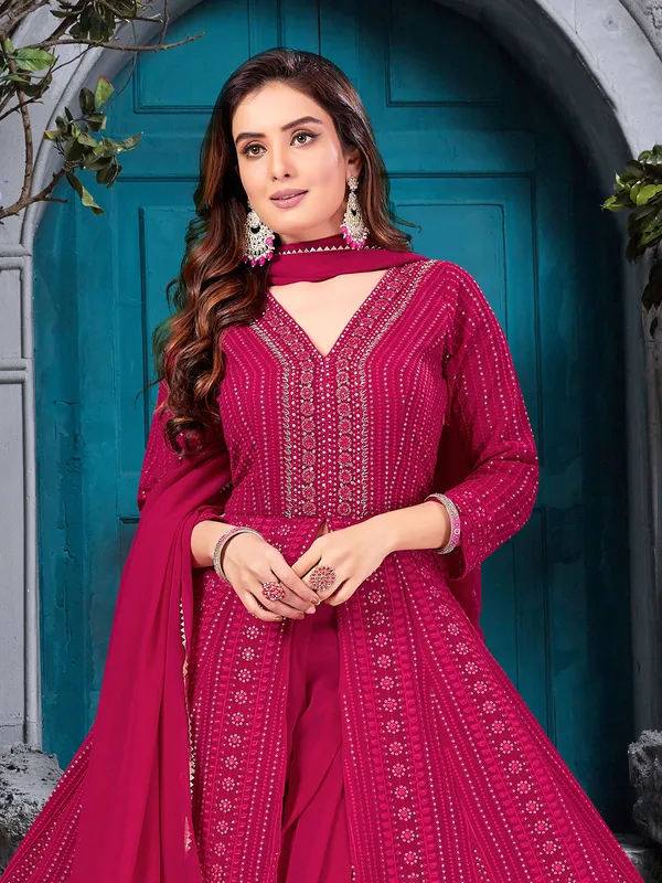 Magenta georgette front slit palazzo suit