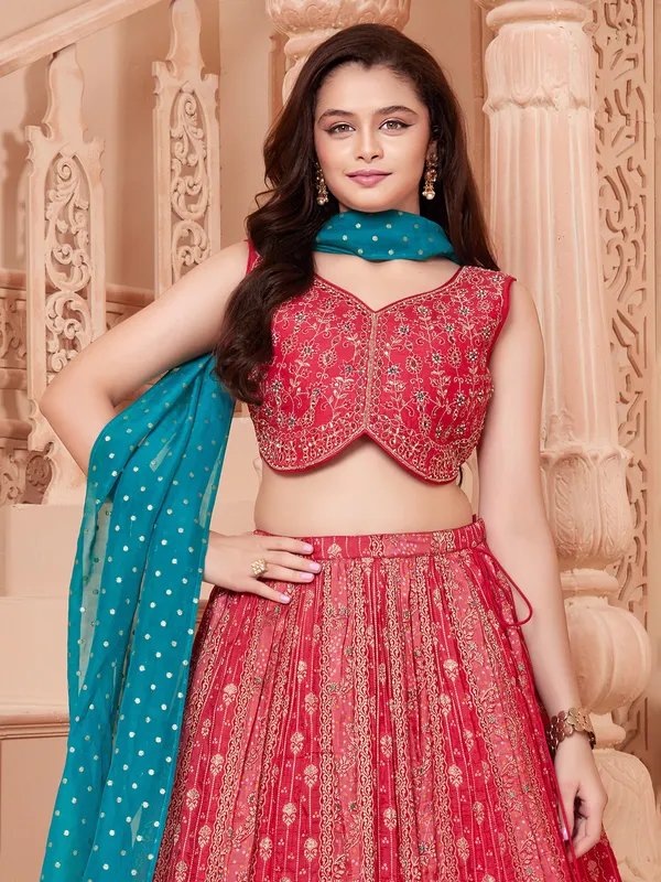 Pink banarasi silk sleeveless lehenga choli with dupatta for girls