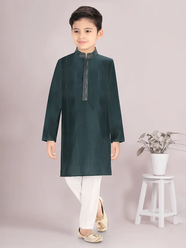 Dark green cotton silk festival special kurta suit for boys