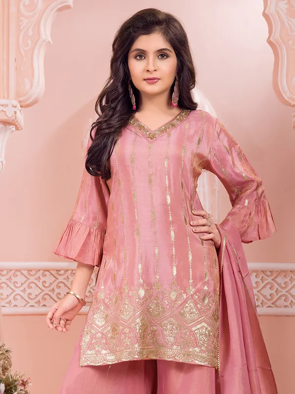 Onion pink silk embroidered work palazzo suit