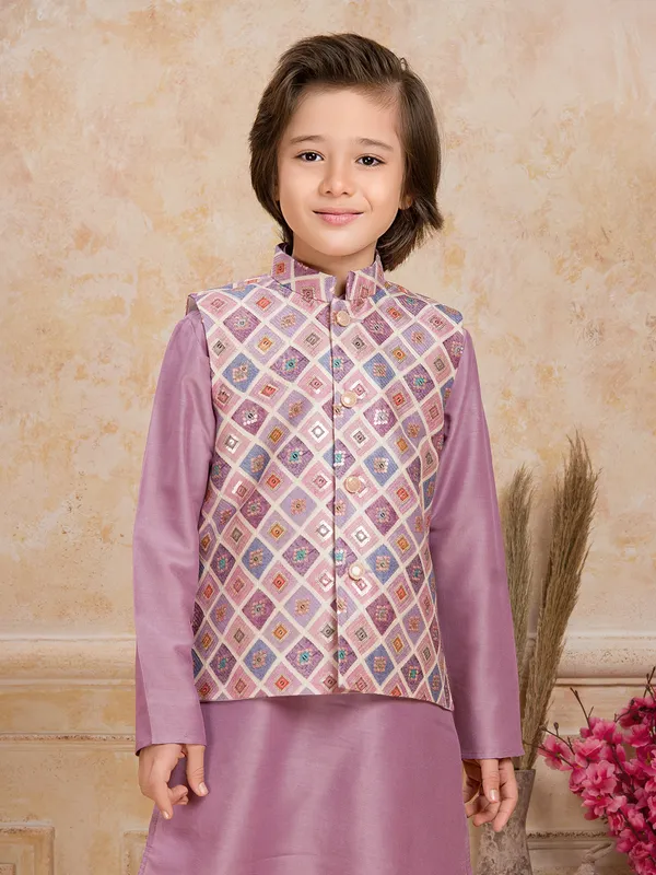 Purple printed cotton silk waistcoat set