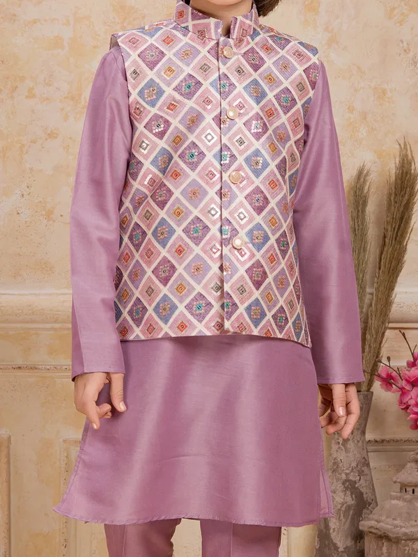 Purple printed cotton silk waistcoat set