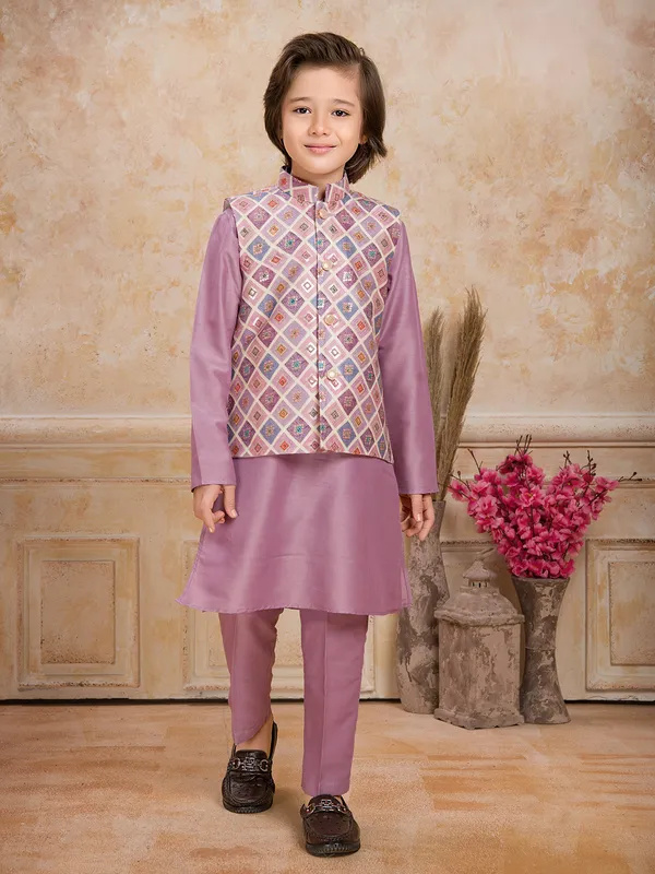 Purple printed cotton silk waistcoat set