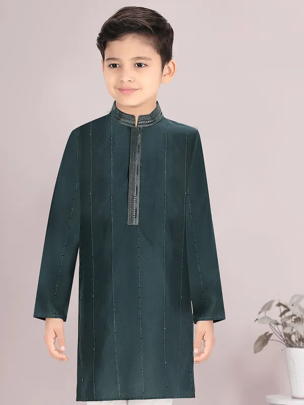 Dark green cotton silk festival special kurta suit for boys