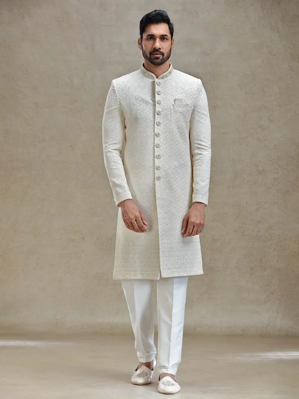 Ivory cream textured sophisticated sherwani for wedding
