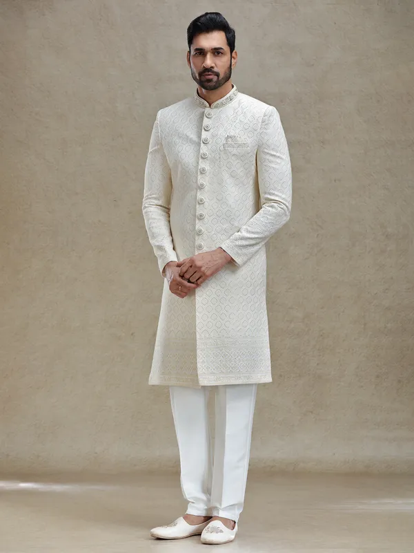 Ivory cream textured sophisticated sherwani for wedding