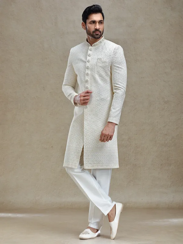 Ivory cream textured sophisticated sherwani for wedding