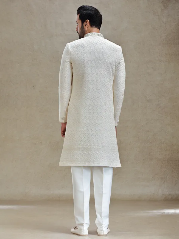 Ivory cream textured sophisticated sherwani for wedding