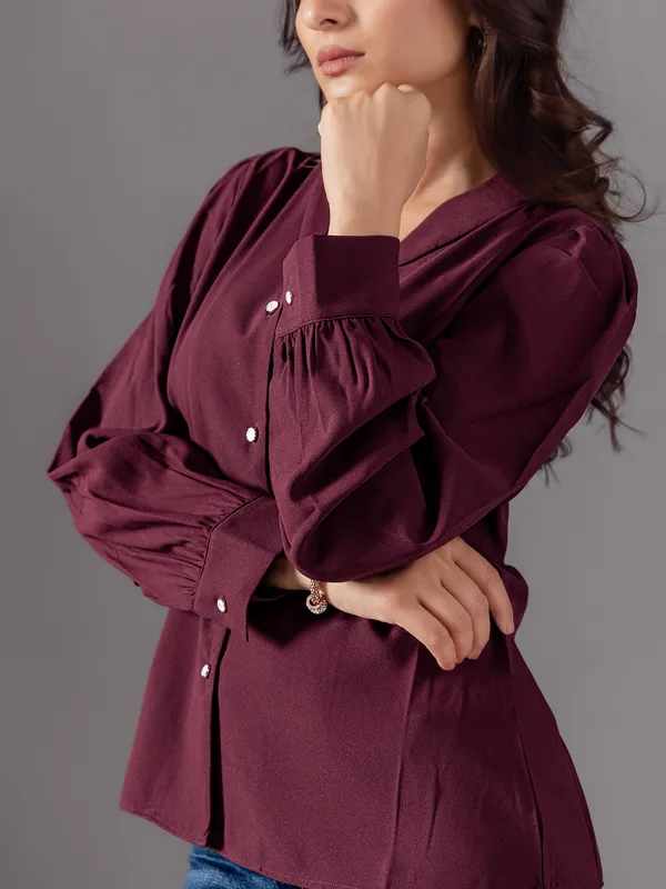 VERO MODA maroon peinted satin silk shirt