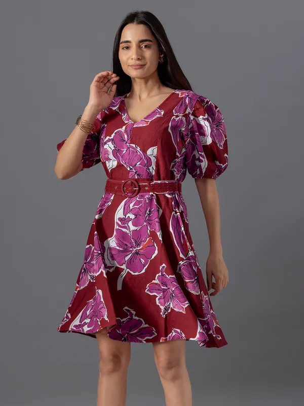 VERO MODA maroon printed dress in cotton