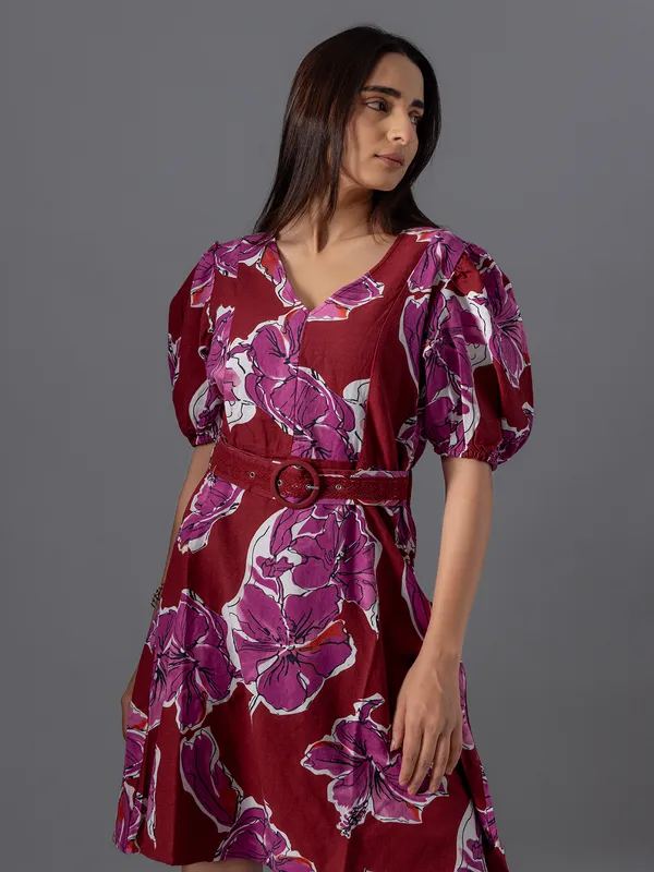 VERO MODA maroon printed dress in cotton