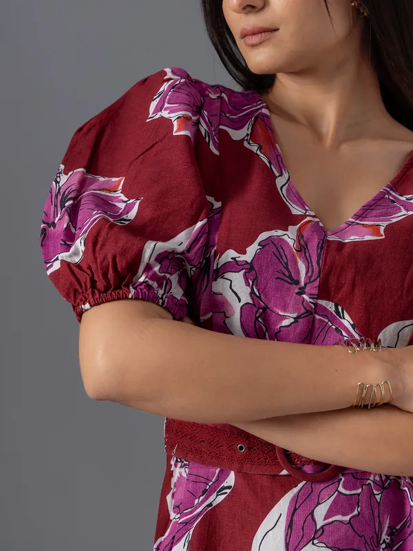 VERO MODA maroon printed dress in cotton