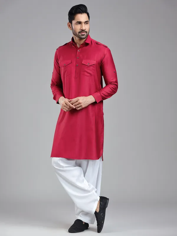 Luxurious dark maroonish red mens pathani kurta set