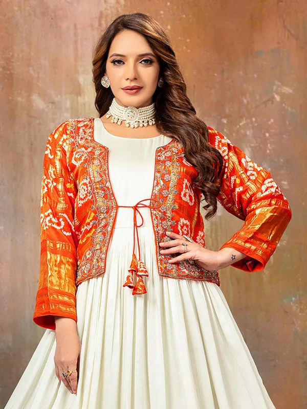 Off-white jacket style anarkali suit for wedding