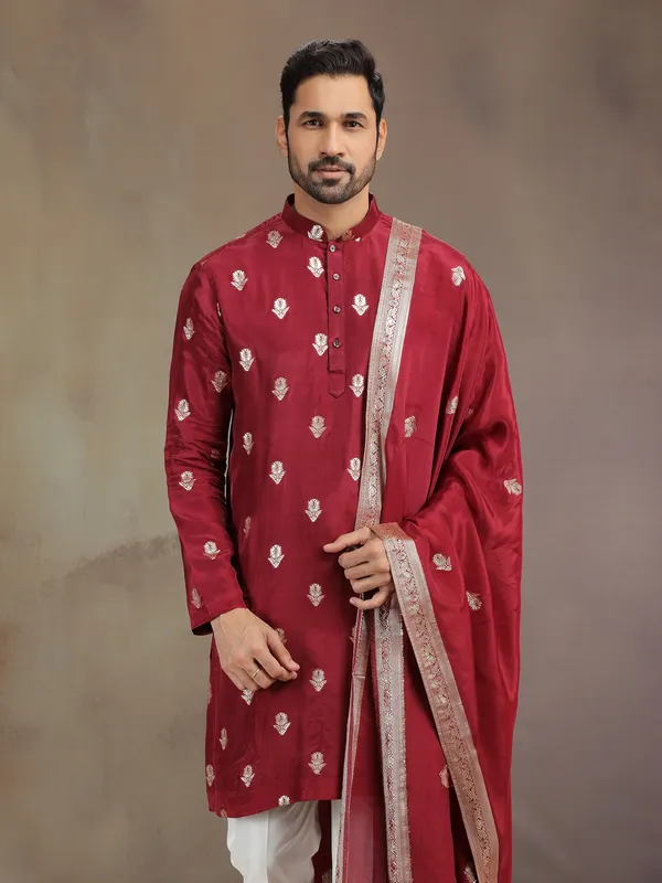 Maroon wedding wear silk kurta suit with dupatta