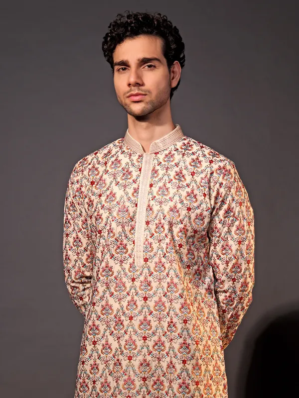 Cotton cream embroidery  Men Kurta pajama