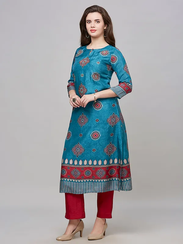 Trendy turquoise blue cotton kurti set