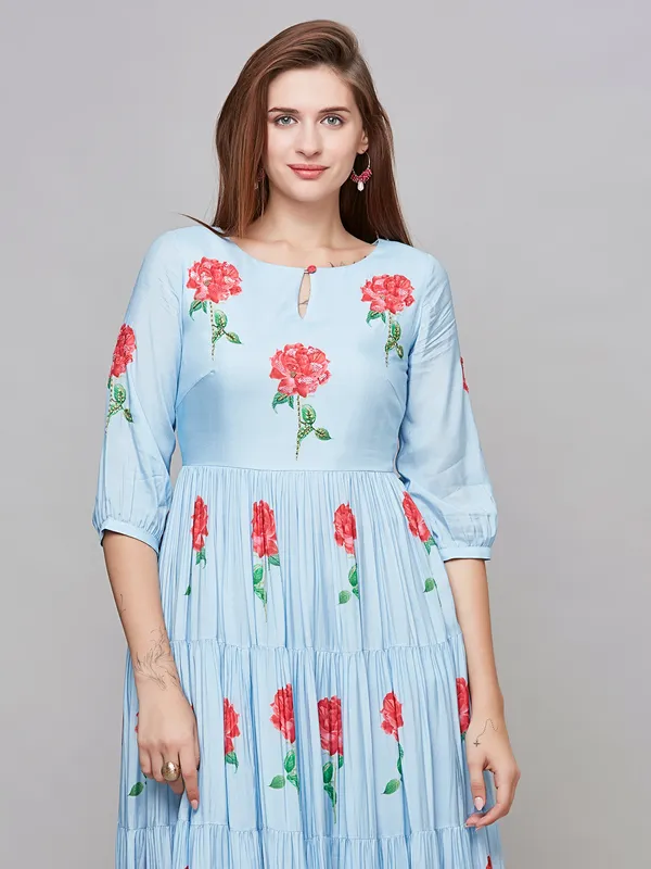 Floral printed baby blue cotton dress