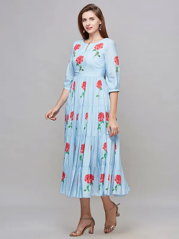 Floral printed baby blue cotton dress