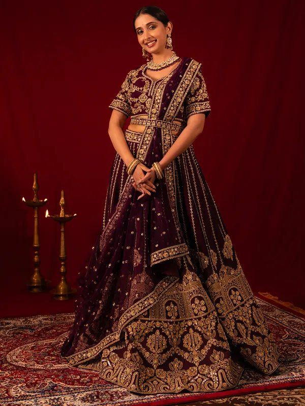 Stunning wine raw silk lahenga choli