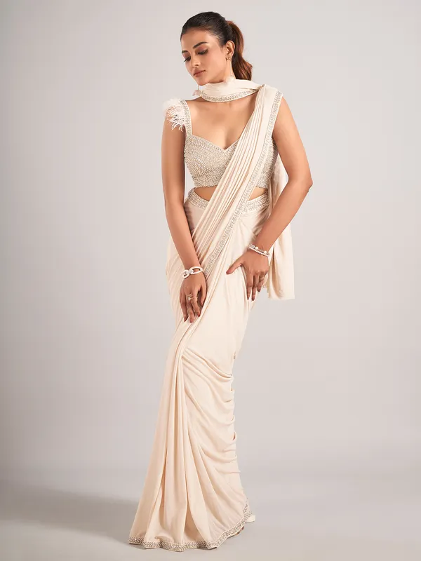 Stunning beige net ready to wear saree