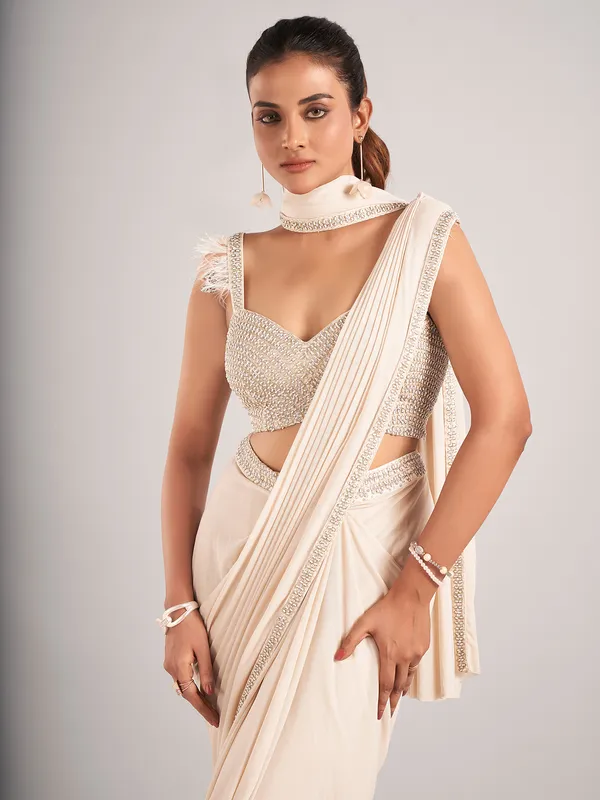 Stunning beige net ready to wear saree