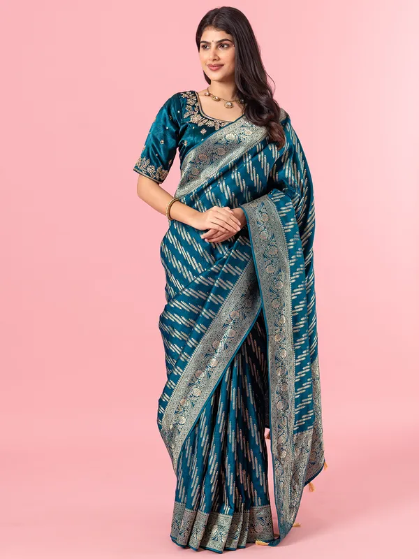 Latest teal blue silk wedding saree